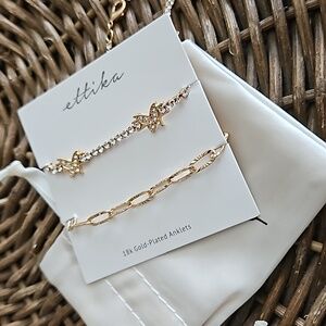 ETTIKA(Revolve),Butterfly & Chain Link Anklets Pair,Clear Stone, 18k Gold Plated